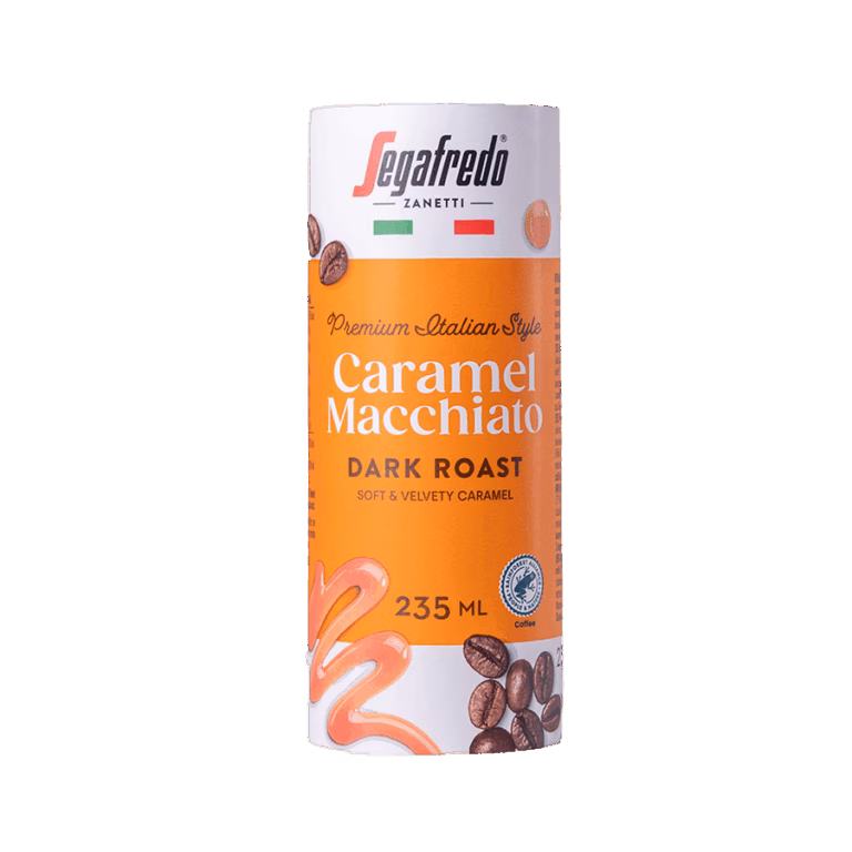 Produktbild: Segafredo ready-to-drink Caramel Macchiato, Kartondose, Packung mit 12 Dosen