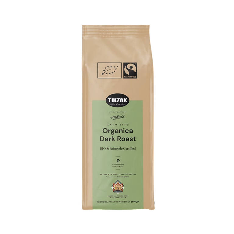 Produktbild: Kaffee TikTak Bio Organica Dark Roast ganze Bohne, 1000 g, aromaversiegelte Verpackung.